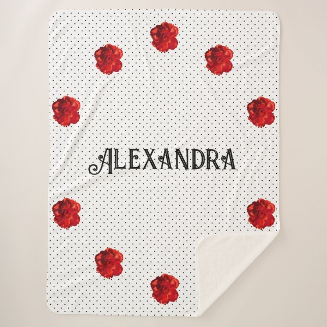 Personalised Red Flower Polka Dot Sherpa Blanket (Front)