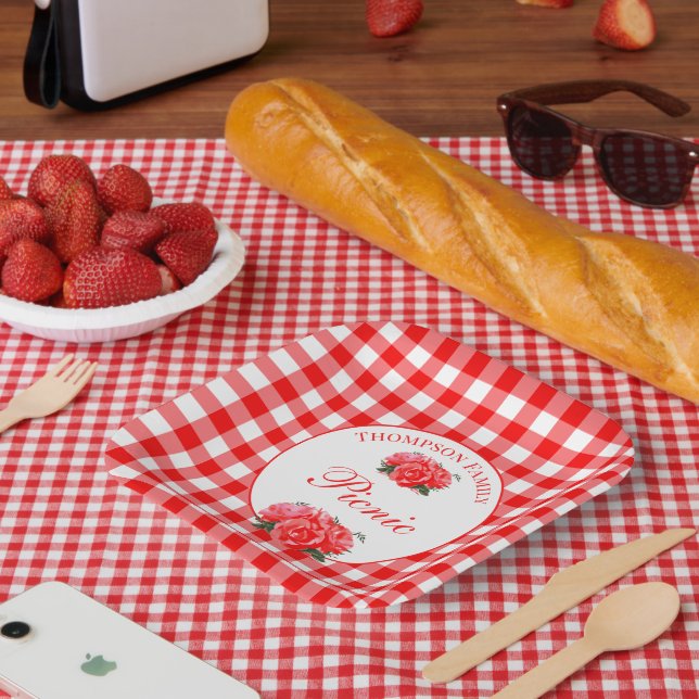 Personalised Red Gingham Buffalo Picnic Square Paper Plate (Picnic)