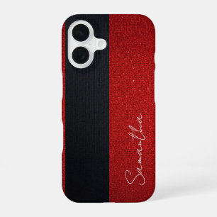 Personalised Red Glitter and Black Stripe iPhone 16 Case