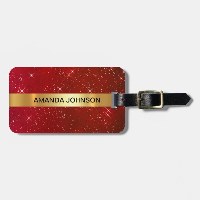 Personalised Red Glitter Golden Luggage Tag (Front Horizontal)