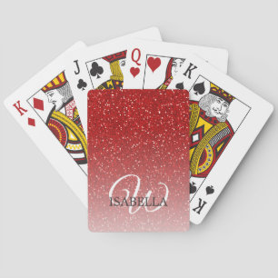 Personalised Red Glitter Ombre Name Monogram Playing Cards