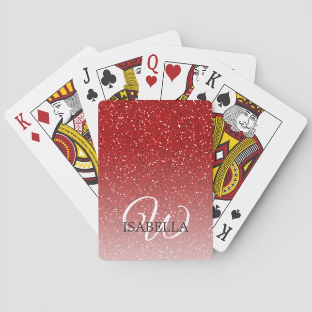 Personalised Red Glitter Ombre Name Monogram Playing Cards (Back)