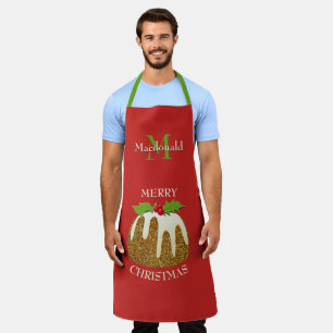Personalised Red Glitter Pudding Christmas Apron