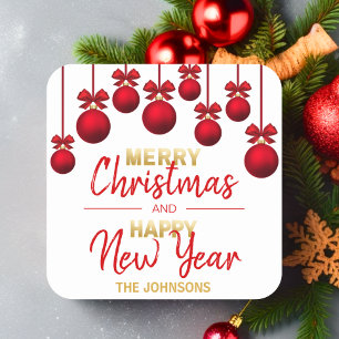 Personalised Red Gold Christmas Happy New Year Square Sticker
