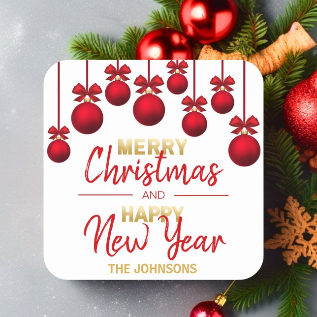 Personalised Red Gold Christmas Happy New Year Square Sticker (Personalized Red Gold Christmas Happy New Year Square Sticker)