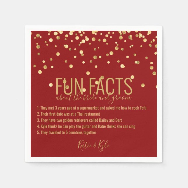 Personalised RED Gold Confetti FUN FACTS Napkin (Front)