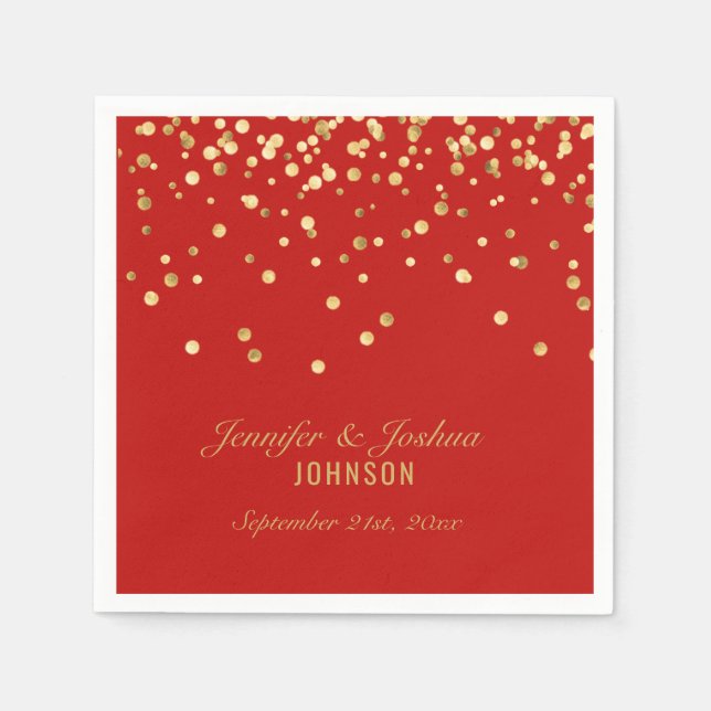 Personalised RED Gold Confetti Wedding Napkin (Front)
