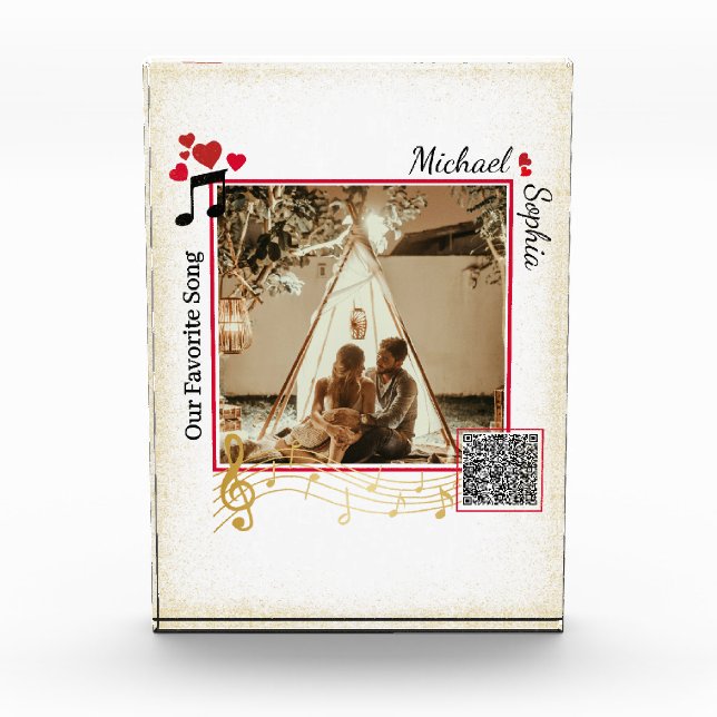 Personalised Red & Gold Modern Photo Song QR Code Block (Front)