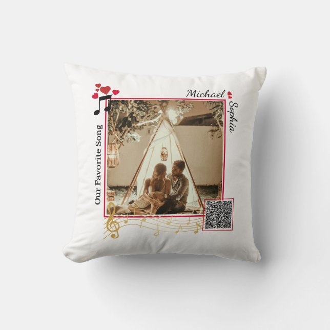 Personalised Red & Gold Modern Photo Song QR Code Cushion (Front)