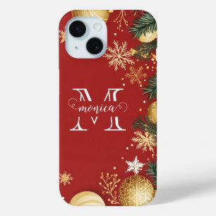 Personalised Red Gold Xmas Split Monogram Name iPhone 15 Case