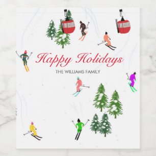 Personalised Red Gondola Ski Holidays Illustration Wine Label