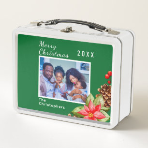 Personalised  Red, Green Holiday Family Image Metal Lunch Box