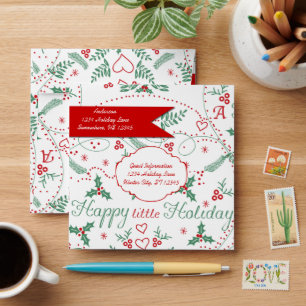 Personalised Red Green Holly Happy little Holiday Envelopes