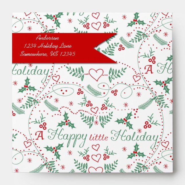 Personalised Red Green Holly Happy little Holiday Envelopes (Front)