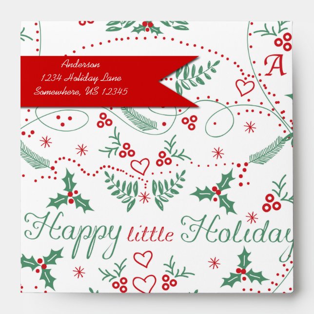Personalised Red Green Holly Happy little Holiday Envelopes (Front)