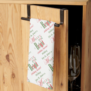 Personalised Red, Green Merry and Bright Christmas Tea Towel