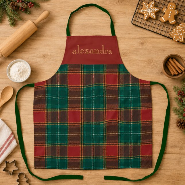 Personalised Red Green Tartan Plaid Apron (red green tartan plaid festive Christmas apron with custom monogram name)