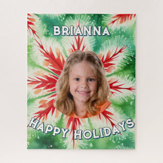 Personalised Red Green Tie Dye Christmas Photo Jigsaw Puzzle