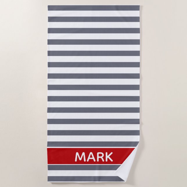 Personalised Red  Grey And White Cabana Stripe Beach Towel (Front)