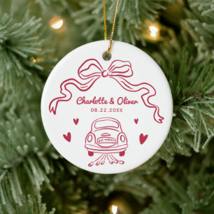 Personalised Red Hand Drawn Whimsical Bow Wedding Ceramic Tree Decoration