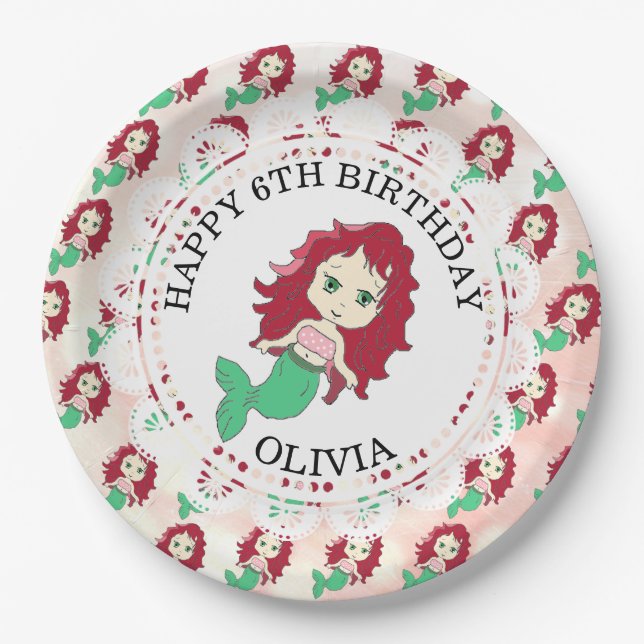 Personalised Red Head Mermaid Birthday Plates (Front)