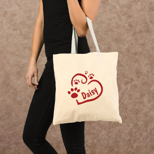 Personalised Red Heart and Paw Prints Canvas Tote Bag