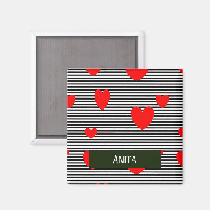 Personalised red hearts and stripes magnet