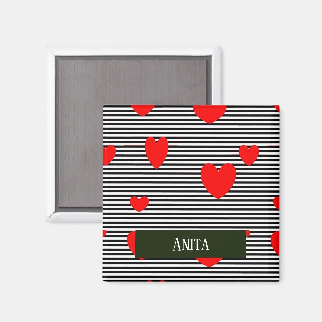Personalised red hearts and stripes magnet (Front/Back)