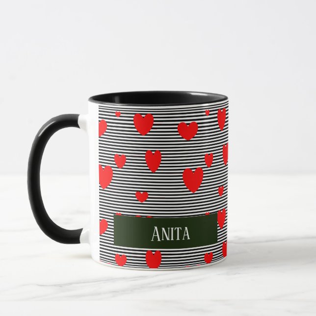 Personalised red hearts and stripes mug (Left)