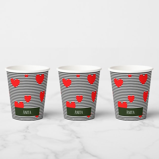 Personalised red hearts and stripes paper cups (Multi)