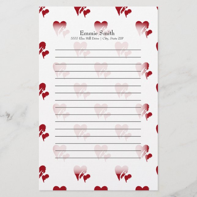 Personalised Red Hearts on White Stationery (Front)