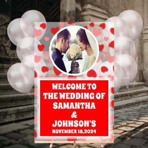 Personalised Red Hearts Wedding Welcome Frosted Acrylic Sign