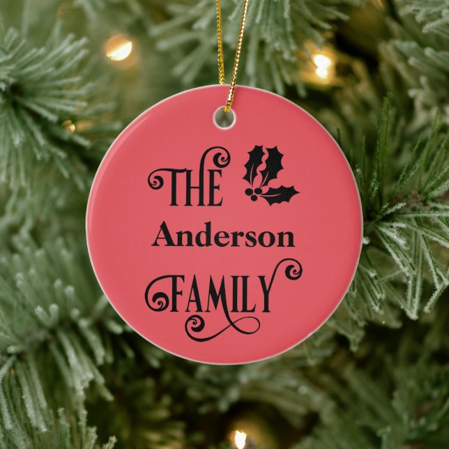 Personalised Red Holly Family Names Christmas Ceramic Tree Decoration (Tree)
