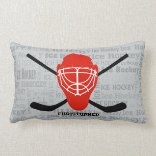 Personalised Red Ice Hockey Helmet and Sticks Lumbar Cushion