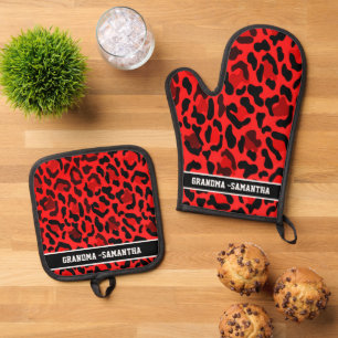 Personalised Red Leopard Print Grandma Name Oven Mitt & Pot Holder Set