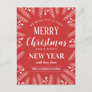 Personalised Red Merry Christmas Happy New Year Holiday Postcard