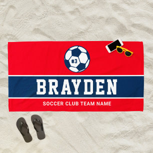Personalised Red Navy Blue Soccer Player Name Beach Towel