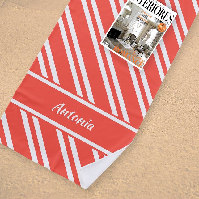 Personalised Red-Orange and White Stripes Beach Towel (Creator Uploaded)