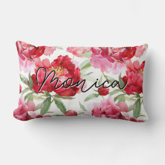 Personalised Red Peony Watercolor Flowers Lumbar Cushion