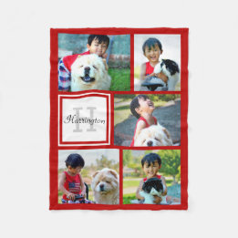 Personalised Red Photo Collage Monogrammed Gift Fleece Blanket