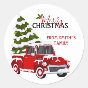 Personalised Red Pickup Truck Christmas Family Classic Round Sticker