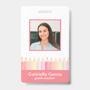 Personalised Red Pink Rainbow School Teacher ID Badge