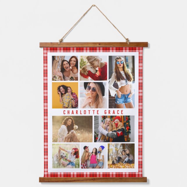 Personalised Red Plaid 10 Photo Collage Hanging Tapestry (Front)