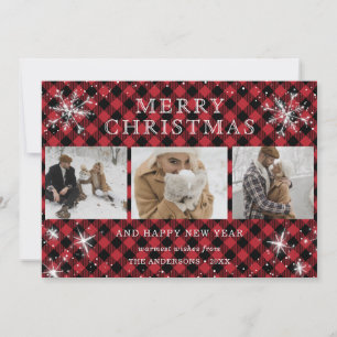Personalised Red Plaid Snowflake 3 Photo Collage Holiday Card
