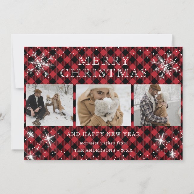 Personalised Red Plaid Snowflake 3 Photo Collage Holiday Card (Front)