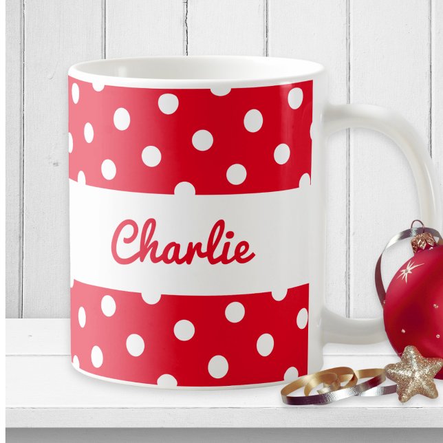 Personalised Red Polka Dot Custom Name Cute Retro Coffee Mug (A personalized, red and white mug with polka dots pattern and script typography)