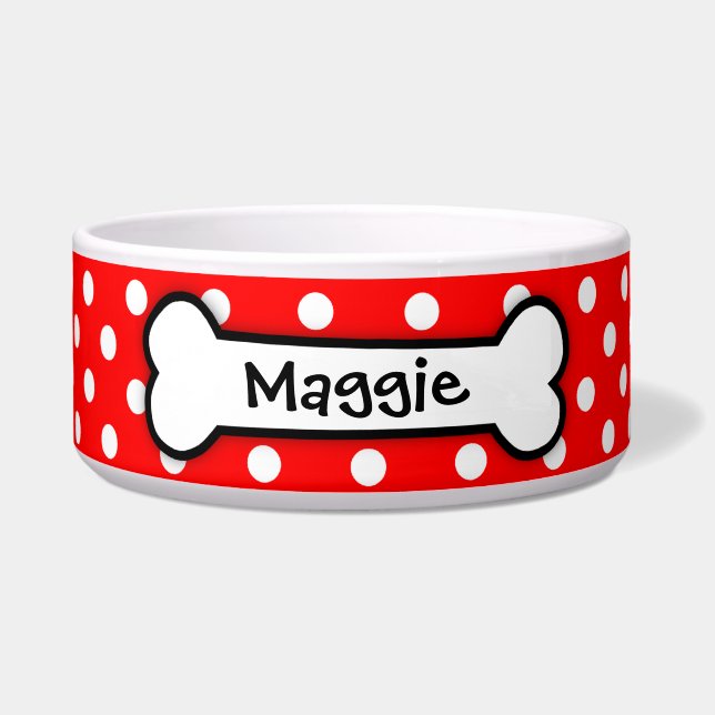 Personalised Red Polka Dot Dog Bowl (Front)