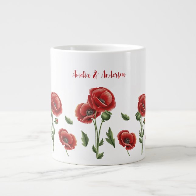 Personalised Red Poppies Floral  Large Coffee Mug (Front)