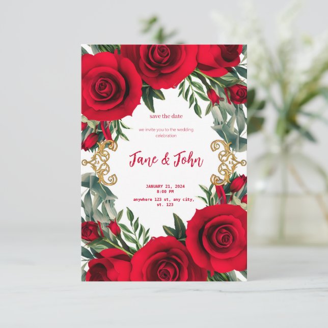 [Personalised] Red Roses Wedding Invitation (Standing Front)
