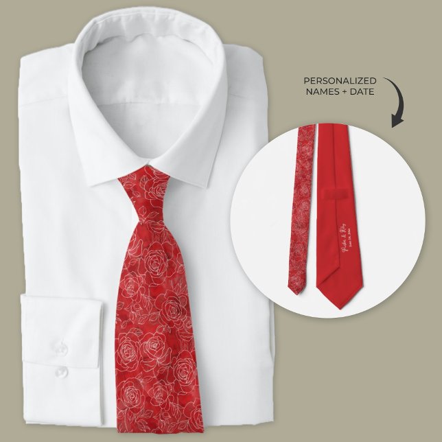 Personalised Red Roses Wedding Neck Tie (Personalized wedding neckties for groomsmen's gifts. Red tie with white rose outlines.)